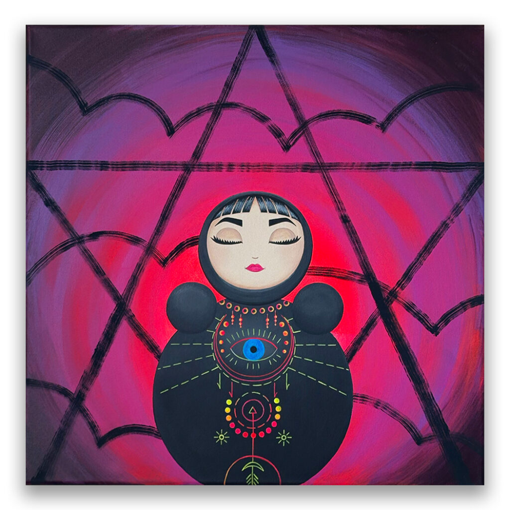 Original painting from the Sands of Time series by Alla K, featuring the character O in a surreal, cosmic landscape with symbolic elements representing time, reflection, and inner stillness.