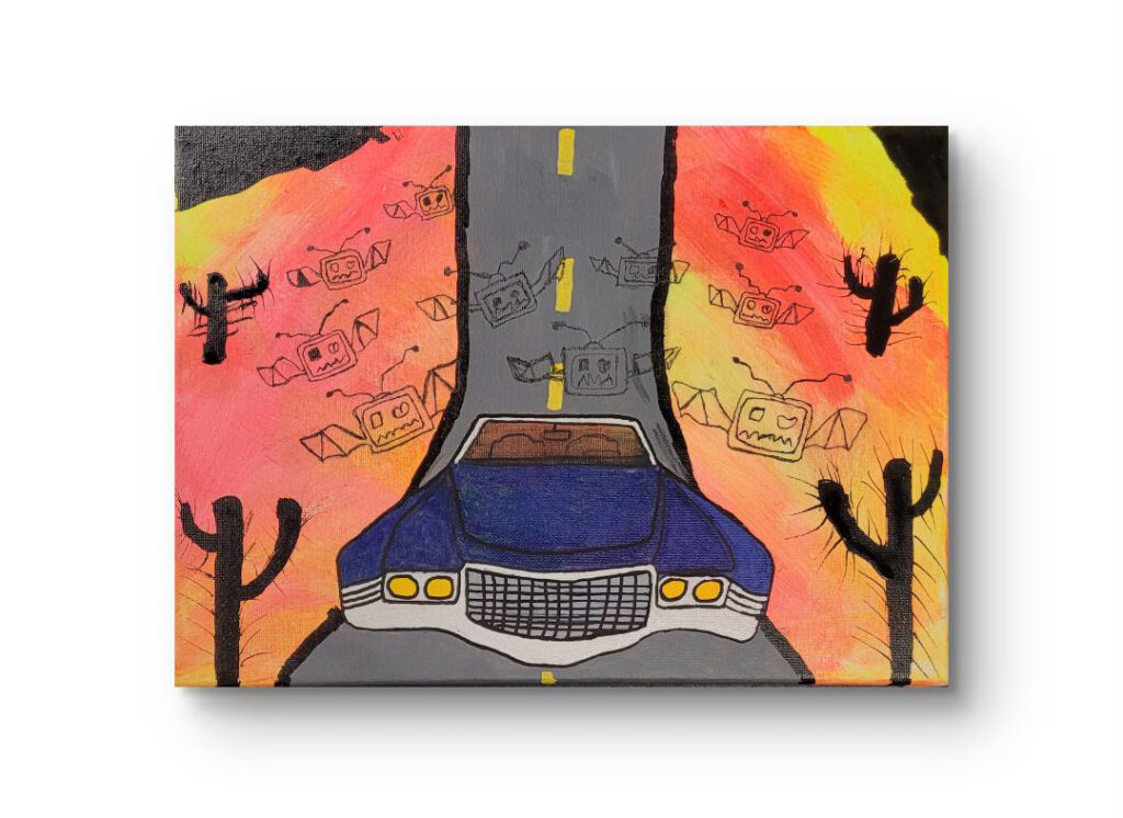 Artwork by Joe Rabcow featuring TV head characters, analog textures, and layered street-inspired visuals exploring identity, nostalgia, and media.