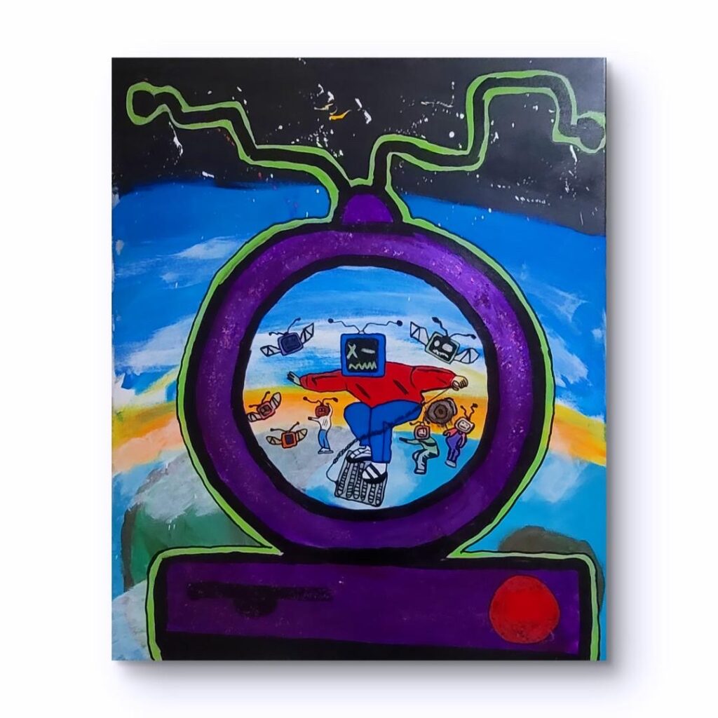 Artwork by Joe Rabcow featuring TV head characters, analog textures, and layered street-inspired visuals exploring identity, nostalgia, and media.