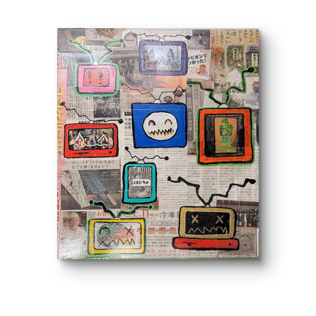 Artwork by Joe Rabcow featuring TV head characters, analog textures, and layered street-inspired visuals exploring identity, nostalgia, and media.